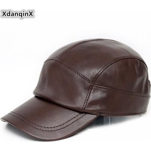 XdanqinX Snapback Cap New Genuine Leather Hat Men Cowhide Leather Baseball Caps Adjustable Head Size Adult Mens Leather Cap