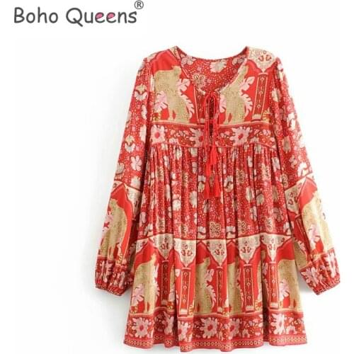 Boho Queens Women ethnic red Floral print tassel beach Bohemian mini dress Ladies tie neck happie dress vestidos