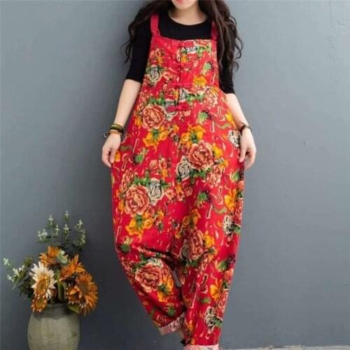 Jumpsuits Women Overalls Floral Print Cotton Linen Jumpsuit 2021 Long Holiday Summer Overalls Plus Size Rompers