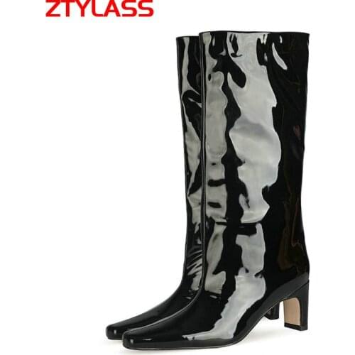 Black White Rose Women Knee High Boots Retro Square Toe Patent Leather Mid-tube Womens Boots Square Heel Autumn Winter Shoes