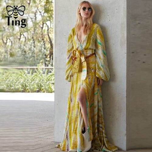 Tingfly 2020 Spring Luxury Designer Runway Maxi Party Dresses Vintage Sexy V neck Color Block Long Boho Dress Slip Flared Dress