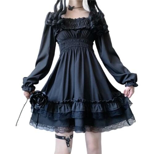 Japanese Lolita Style Women Princess Black Mini Dress Slash Neck High Waist Gothic Dress Puff Sleeve Lace Ruffles Party Dresses