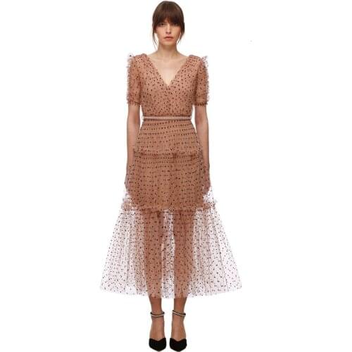 2021 Summer Self Portrait Dress Women Puff Short Sleeve Ruffles Polka Dots Dresses Mesh Tulle 2pcs Suits A Line Long Vestidos