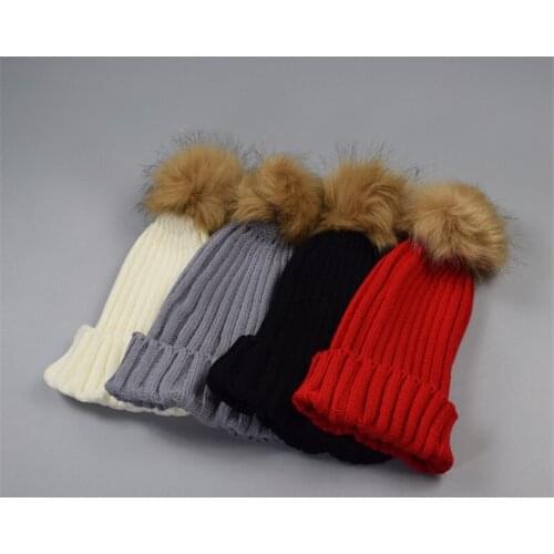 2020 Womens Winter Hand Knit Faux Fur Pompoms Beanie Hat Winter Hat Caps Fur Pompom Beanie Hats