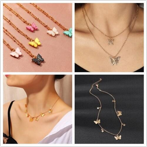 2020 Korean Cute Animal Butterfly Necklace For Women Fashion Sweet Color Acrylic Pendant Necklace Collar Statement Jewelry