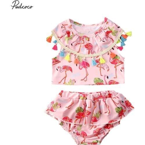 2020 Summer Swimsuit 0-5T Infant KidsBaby Girls Flamingo Swimwear Tassels Colorful Bathing Suit Bikini Set