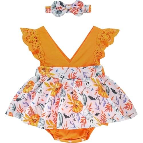 2021 Halloween Cute Baby Girl Costume Set For 0-3 Years Old, Autumn Children Girls Pumpkin Print Ruffle Jumpsuit And Headband