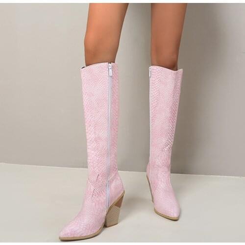 2021New Women Knee High Boots Wedges Western Boots Pointed Toe High Heel Long Boots Autumn Winter Cowgirl Boots Pink Yellow Blue