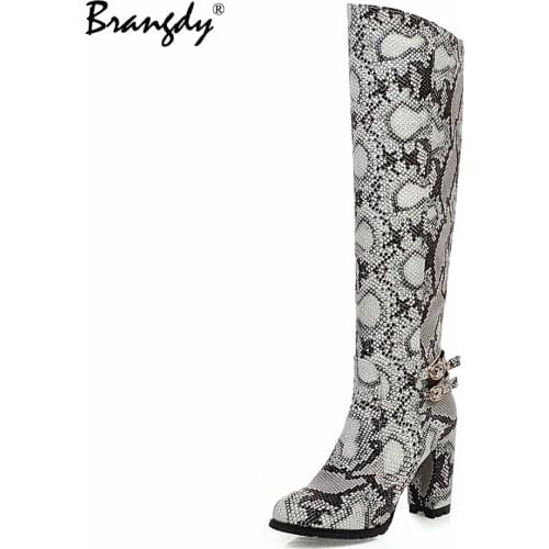 Brangdy Snake Skin Women Knee Hight Boots PU Leather Round Toe Fashion Women Shoes Square High Heel Zipper Women Winter Boots