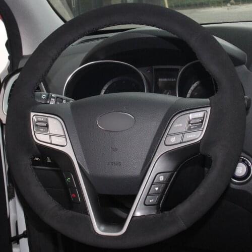 Black Suede Leather Hand-stitched Car Steering Wheel Cover for Santa Fe 2013-15