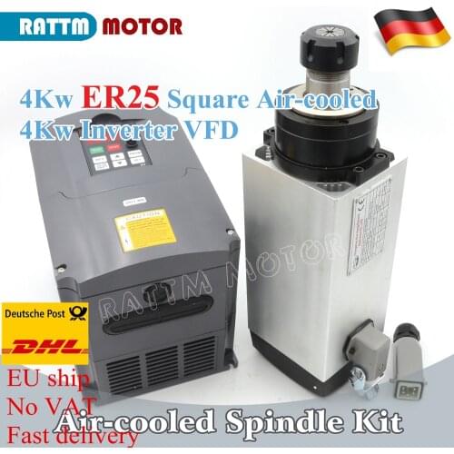 Square 4KW ER25 220V Air cooled spindle motor Kit & 4kw DC AC Inverter VFD 220V for CNC woodworking machine