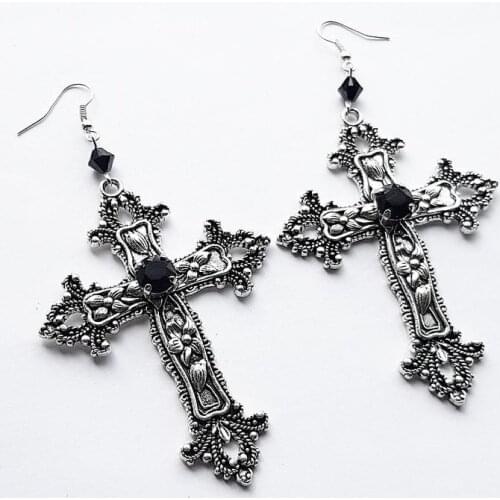 Goth Large Detailed Cross Black Drill Jewel Earrings Classical Punk Jewellery Fashion Wedding Statement Women for Her Gift