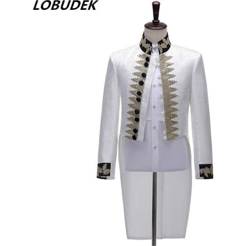 Swallowtail Costume White Stand Collar Embroidery Tailcoats Men Magician Performance Suit Jacket Singer Chorus Host Stage Blazer