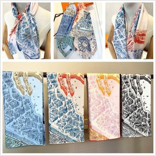 Fashion Hijab Scarf For Women City of Horses Silk Satin Hair Scarfs Kerchief 90cm Square Neckerchief Headband Scarves For Ladies