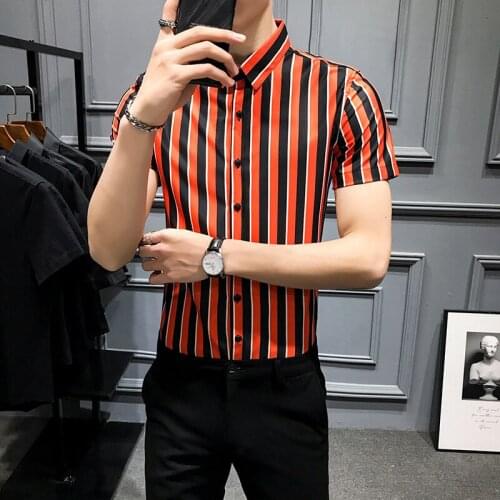 Mens High Quality Shirt Short Sleeve Striped Shirt Casual Slim Dress Shirts 2020 Summer Streetwear Socia Tops Chemise Homme