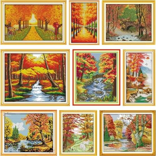 Autumn Scenery Cross Stitch Kits Stamped Thread Gift DMC 11CT 14CT Print Counted Fabric Handmade Craft Set Embroidery Needlework