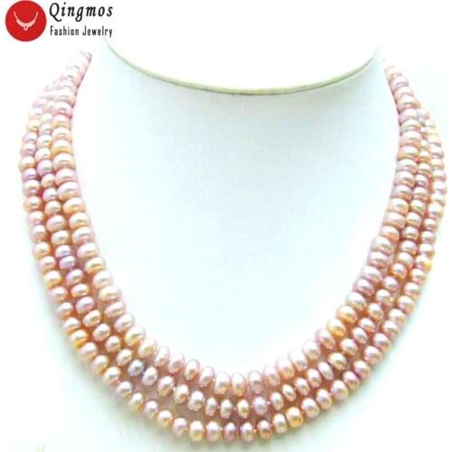 Qingmos Purple Natural Freshwater Pearl Neckalces for Women with 6mm Flat Round 3 Strands Pearl Necklace Chokers 17" Jewelry