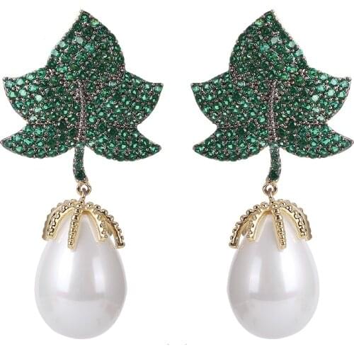 XIUMEIYIZU Luxury Big Fresh Pearl Drop Earrings Maple leaf Shape Paved Shinning Zirconia Handmade Earring Wedding Jewelry Gift