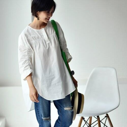 MICOCO C1662C Literary and artistic simple loose profile before short after long fold Nine Quarter shirt