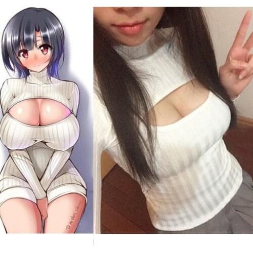 Sexy Women Cosplay Virgin Killer Open Chest Sweater Hollow Bodysuit Harajuku Women Turtleneck Collar Knit Sweaters F50