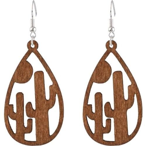 Cutout Natural Wooden Cactus Drop Earrings for Women Trendy Trim Teardrop Shape Wood Earrings Jewelry Wholesale