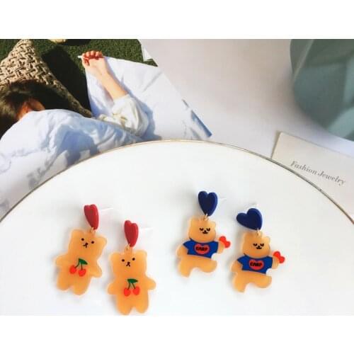 S925 Needle Cute cartoon resin bear sweet love cherry fresh all-match earrings