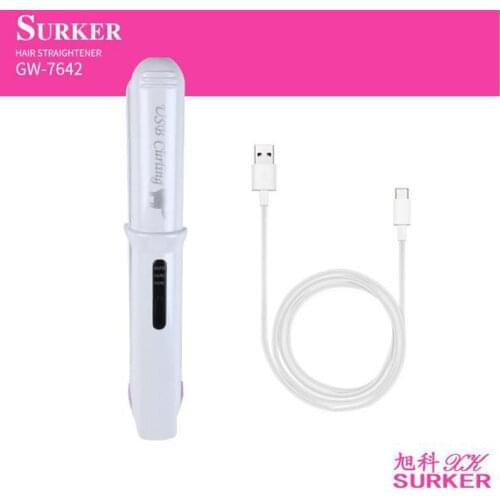Surker USB rechargeable electric hair straightener curler GW-7642 straight iron hair styling mini cordless LED curling iron