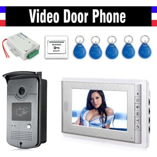 7 Inch Screen Video Door Phone Doorbell Intercom System kits +5 PCS RFID Key + IR Camera + 12V DC Power Supply+ Door Exit Botton