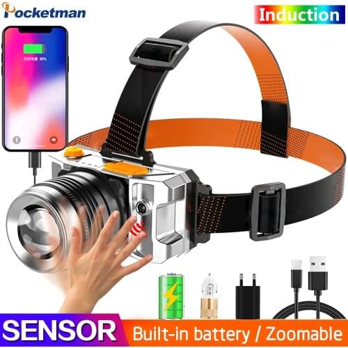 90000LM IR Sensor LED Headlamp Smart Light Zoomable Headlight USB Rechargeable Head Lamp Built in Battery Outdoor Camping Lamp