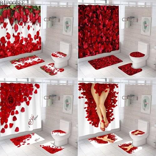 Red Rose Petals Printed Shower Curtain Holiday Decoration High Quality Flowers Pattern Bathroom Curtains Set Bath Mats Rugs