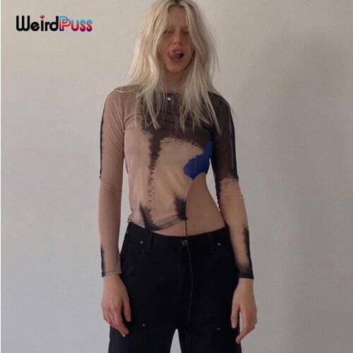 Weird Puss Mesh O-Neck Women Crop Top Shirring Long Sleeve Irregular T-Shirt Autumn Fashion Wild Print Casual Streetwear Tees