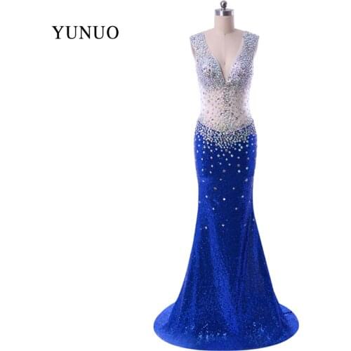 2019 Sparkly Formal Women Dresses New Arrival Mermaid Evening Dress Long Sequines Blue Real Photo Sweep Train Custom x11252