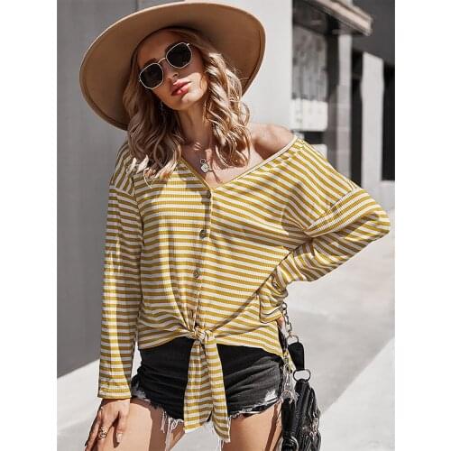 Womens Classic Autumn And Winter V-Neck Thin Coat Stripe Cardigan Top Basic Style Loose Fitting Fashion Open Buckle Bandage2021