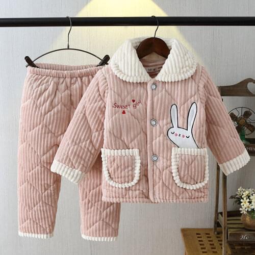 Winter childrens thick pajamas girls three-layer quilted flannel home service suits for babies and boys plus velvet keep warm