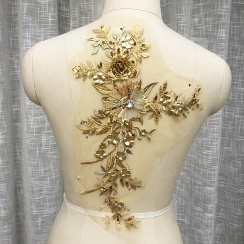 1Piece Beaded Lace Applique Embroidered Stereo Lace Flowers Trim Nail Beads Rhinestones Appliques For DIY Sewing Wedding Dress