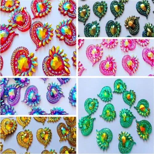 20pcs Heart shape 34*31mm Mixed colour Sew on rhinestones flatback resin crystals accessory gemstone strass loose beads