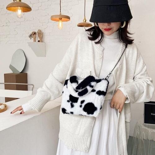 2020 winter cow Print shoulder bag female leopard chain Bag soft Plush handbag Messenger bag warm fur fluffy bag sac femme