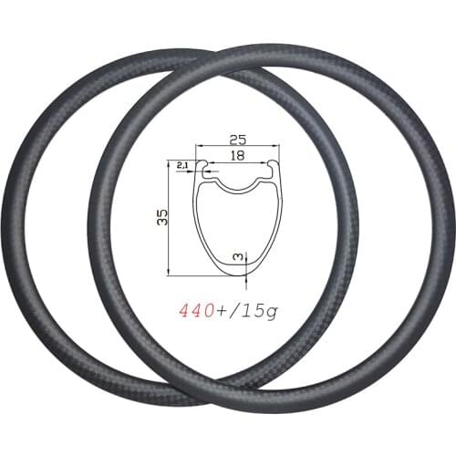 700C 440g 35mm deep clincher tubelss disc carbon road rims 25mm wide 18mm inner UD 3K 12K matte glossy 16-32H gravel bike wheel