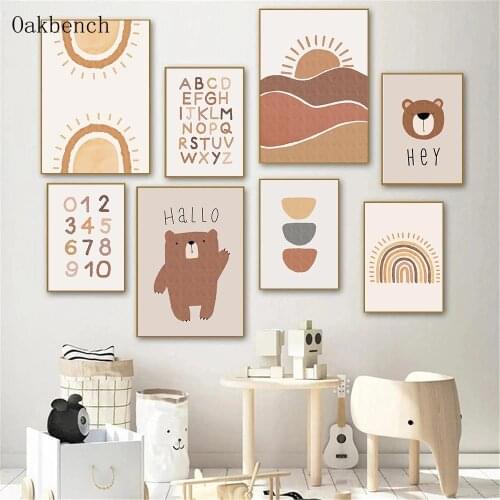 Alphabet Wall Art Canvas Painting Numbers Art Print Rainbow Sunshine Poster Bear Paintings Nursery Wall Pictures Kids Room Decor