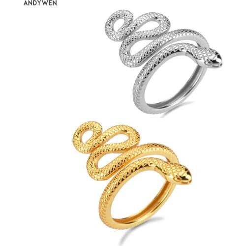 ANDYWEN 925 Sterling Silver Gold Adjustable Snake Rings Big Animal Resizable Luxury New Round Circle Women Fine Ring Jewelry