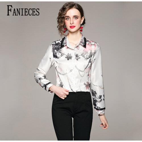 Summer Runway Shirt Women Fashion Elegant Long Sleeve Blouse Office Ladies Blue Floral Print Workwear Blusas Shirt Blouses Femme