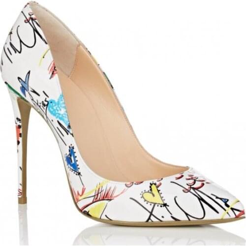 Carpaton Spring Fall Avaliable New Ladies graffiti pumps pointed shallow mouth sexy stiletto party shoes white and black