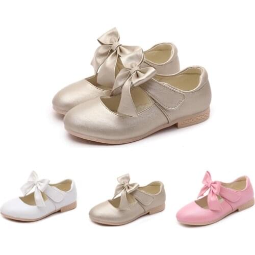 Children Kids Little Girls Bow-Knot England Party And Wedding Dance Shoes For Girls Gold White Princess Dress Leather Shoes New