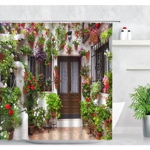 European Garden Scenery Shower Curtains 3D Rural Flowers Green Plants Home Background Wall Decor Cloth Bathroom Bath Curtain Set