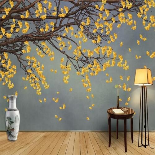 Chinese style hand-painted ginkgo background wall professional manufacturing murals wholesale wallpaper mural poster photo wall