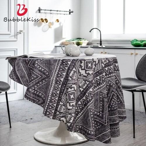 Bubble Kiss Retro Tablecloth Black Geometric Cotton Linen Material Soft Comfort Dining Coffee Table Home Decor Round Tablecloth