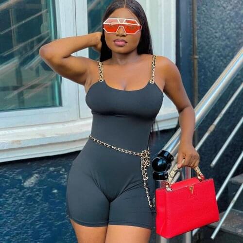 Summer Sexy Black Jumpsuit Rompers Strapless Chain Halter One Piece Short Bodycon Jumpsuit with Waist Chain Jumpsuits Playsuits