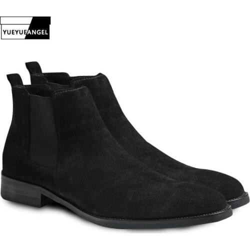 Mens Winter Fleece Lining Boots Cow Suede Leather Chelsea Boots High Top Motor Biker Real Leather High Top Botas Hombre Footwear