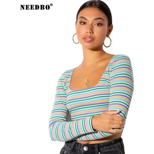 NEEDBO Long Sleeved T-shirt Slim Cropped Stripe Crop Top Stripe Shirt Harajuku Shirt Women Spring Tops Sexy Fashion T-shirt 2021