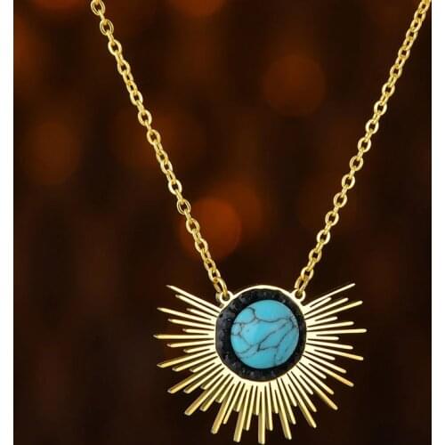 New Product Stainless Steel 18K Golden Sun Flower Turquoise Necklace Jewelry Female